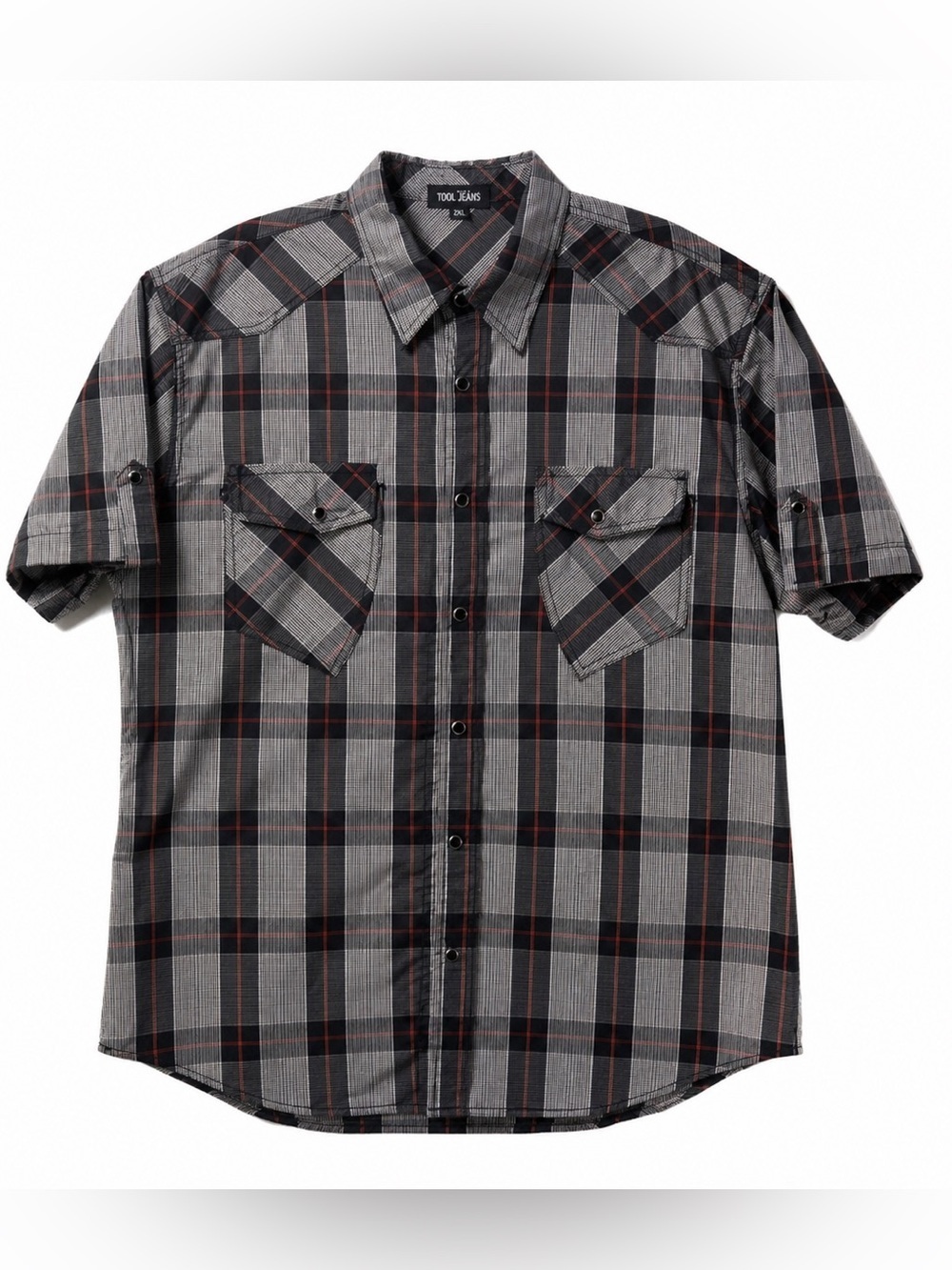 TOOL JEANS,RED,BLACK & WHITE PLAD,SHORT SLEEVE,MEN,SNAP FRONT SHIRT.SIZE-2XL.